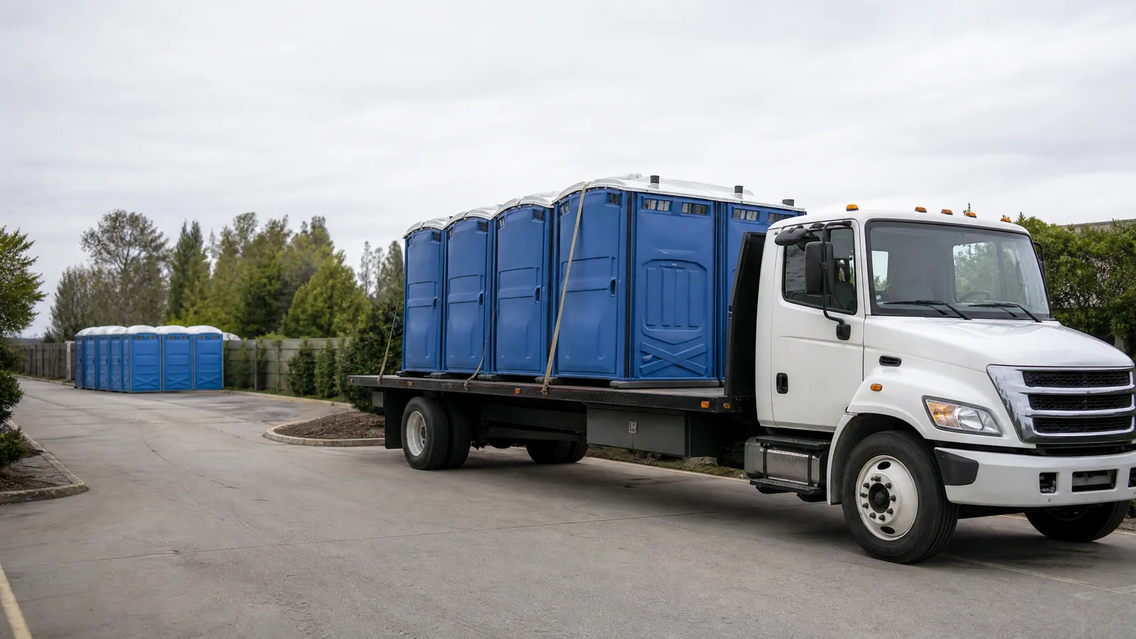 Unbranded portable restroom delivery setup